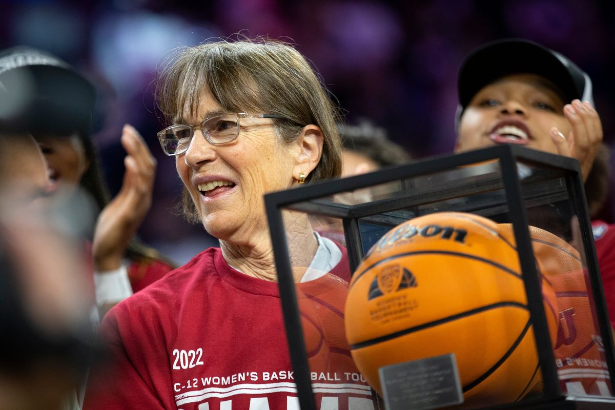 Stanford head coach Tara VanDerveer accepts an award for winning her 1000th career game after the team won an NCAA college basketball game against Utah for the Pac-12 tournament championship Sunday, March 6, 2022, in Las Vegas.  (Ellen Schmidt)