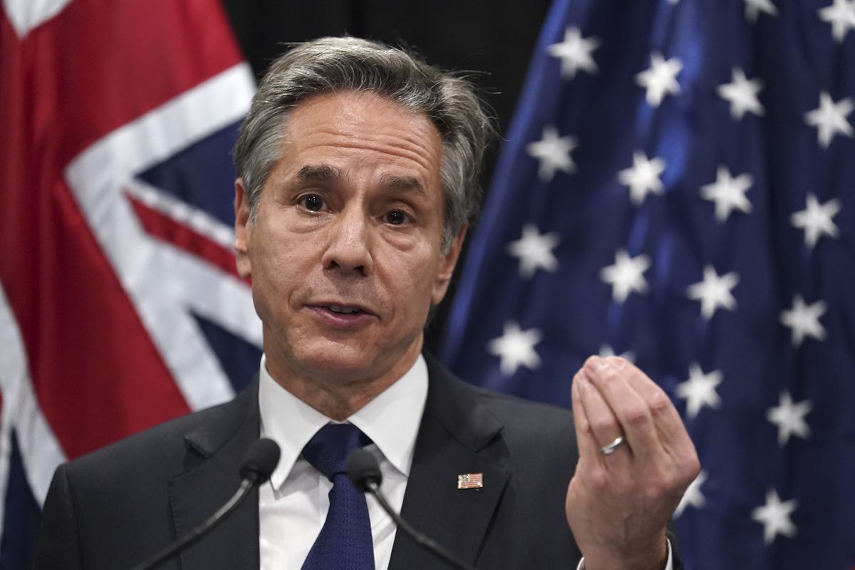 U.S. Secretary of State Antony Blinken speaks in a joint press availability with acting Fiji