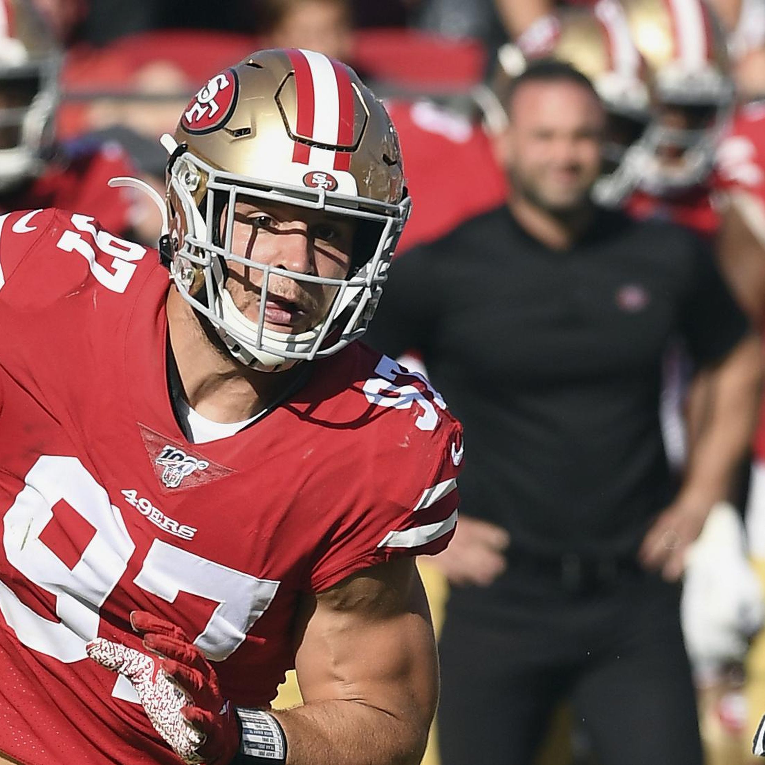 Nick Bosa mocks Baker Mayfield with flag-planting following sack