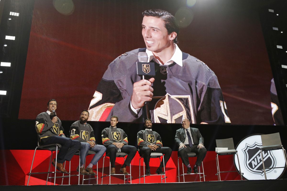 FILE - In this June 21, 2017, file photo, from left, Vegas Golden Knights' Marc-Andre Fleury, Deryk Engelland, Brayden McNabb and Jason Garrison sit on stage during an event following the NHL expansion draft in Las Vegas. In 2017, the NHL altered some of its expansion draft rules and Vegas used the expansion draft to become the most successful first-year franchise in league history, reaching the Stanley Cup Final. It is same rules and situation this time around for the Seattle Kraken, which have its own expansion draft next week.  (John Locher)