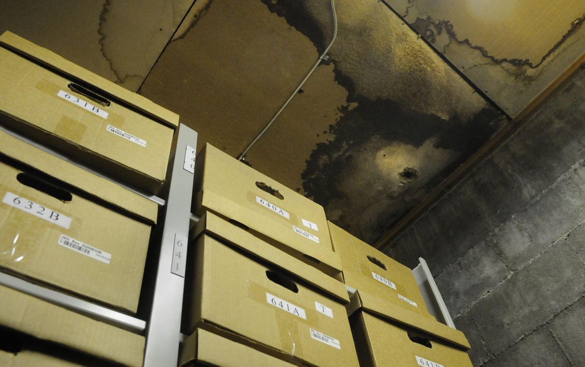 The ceiling at the city’s evidence facility show signs of water damage from this winter’s heavy snowfall.  (Dan Pelle / The Spokesman-Review)