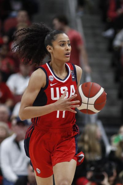 USA Women’s National Team guard Skylar Diggins-Smith (17) drives the ball up court during an NCAA women’s exhibition basketball game against Louisville Sunday, Feb. 2, 2020, in Louisville, Ky. (Wade Payne / Associated Press)
