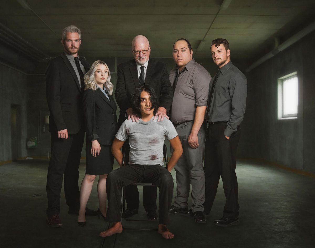 Rio Zavala is Winston Smith, with Kyle Ross, Aubree Peterson, JP O’Shaughnessy, Dahveed Bullis and Herron Davidson in “1984” at Stage Left. (Stage Left / Chris Wooley)
