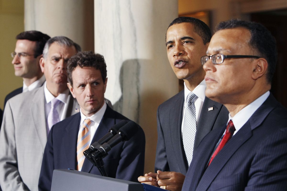 President Barack Obama comments on the American auto industry Monday in Washington. With Obama are, from left, budget director Peter Orszag, Transportation Secretary Ray LaHood, Treasury Secretary Timothy Geithner and Ed Montgomery, who will lead assistance efforts to cities that depend on the auto industry.  (Associated Press / The Spokesman-Review)