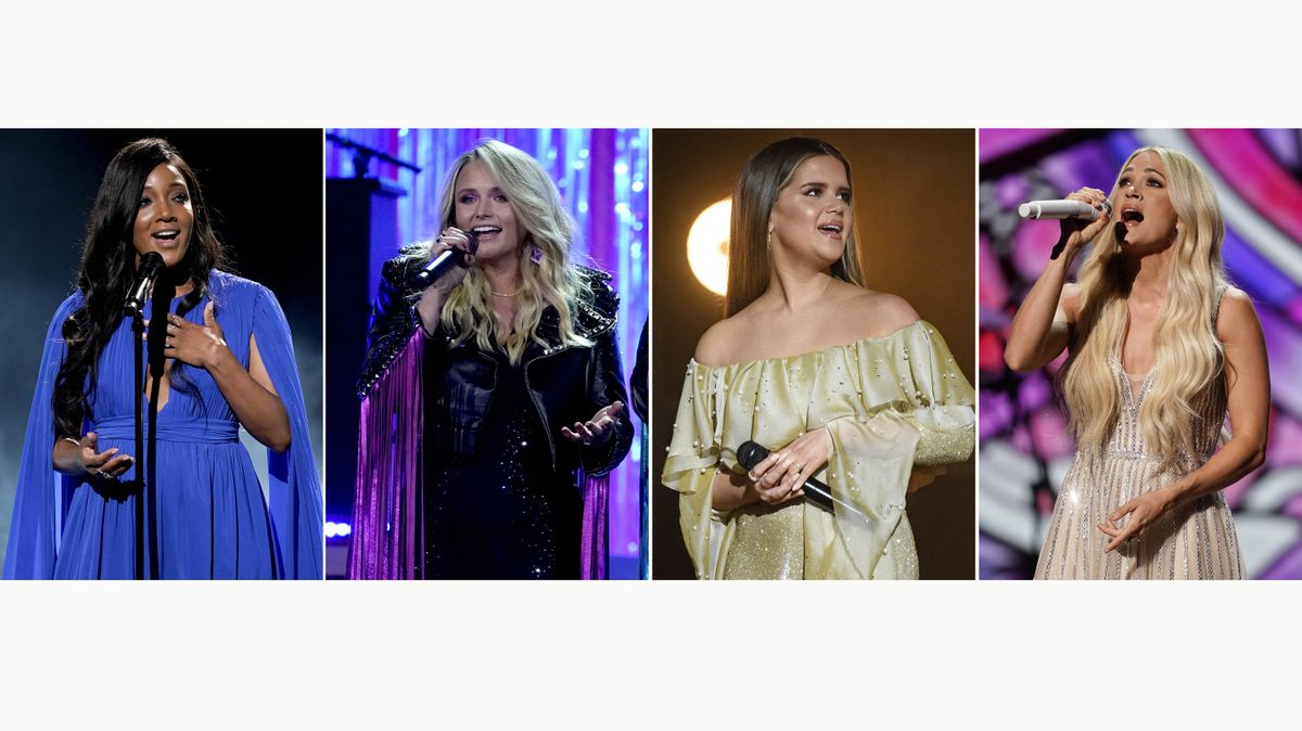 This combination photo shows Mickey Guyton, from left, Miranda Lambert, Maren Morris and Carrie Underwood performing at the 56th annual Academy of Country Music Awards in Nashville, Tenn. The awards show aired on April 18 with both live and prerecorded segments. Underwood brought the Academy of Country Music Awards to church. Morris won two honors, including song of the year, Lambert performed three times and held onto her record as the most decorated winner in ACM history and Guyton, the first Black woman to host the awards show, gave a powerful, top-notch vocal performance.  (STF)