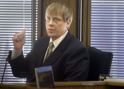 The Spokesman-Review Suspended police Officer Jay Olsen testifies in court on March 11. (Christopher Anderson / The Spokesman-Review)
