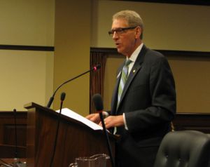 Sen. Bob Nonini, R-Coeur d'Alene, pitches his private school tax credits bill to the Senate Local Government & Taxation Committee on Tuesday afternoon (Betsy Russell)
