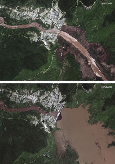 This combination image made from satellite images taken on Friday, June 26, 2020, above, and Sunday, July 12, 2020, below, shows the Grand Ethiopian Renaissance Dam on the Blue Nile river in the Benishangul-Gumuz region of Ethiopia. New satellite imagery shows the reservoir behind Ethiopia's disputed hydroelectric dam beginning to fill, but an analyst says it's likely due to seasonal rains instead of government action. (HONS)
