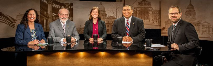 From left, Betsy Russell, Jim Weatherby, Melissa Davlin, Aaron Kunz and host Greg Hahn on 