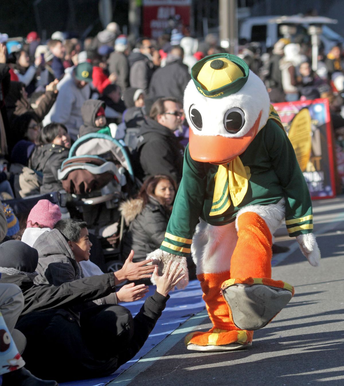 Oregon Ducks mascot greets parade-goers during the 126th Rose Parade in Pasadena, Calif. (Associated Press)
