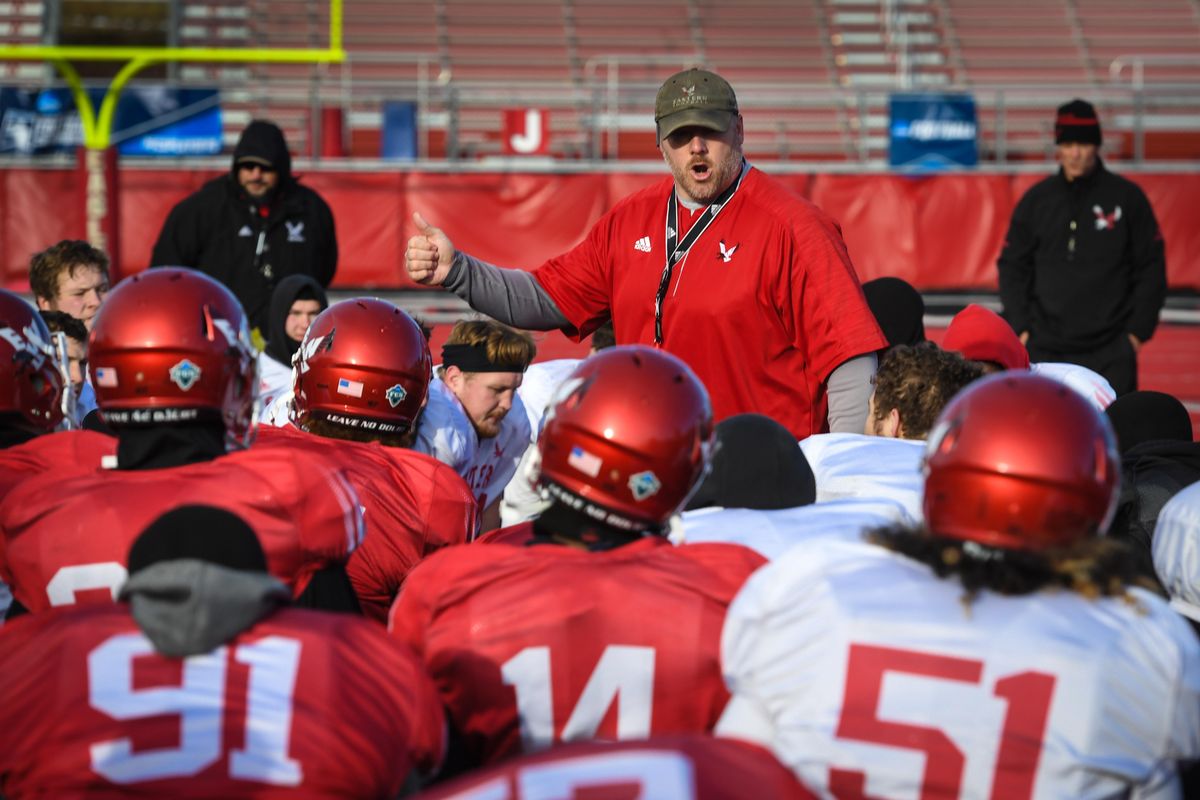 Eastern Washington University coach Aaron Best gathers his team after practice Dec. 12, 2018, in Cheney. (Dan Pelle / The Spokesman-Review)