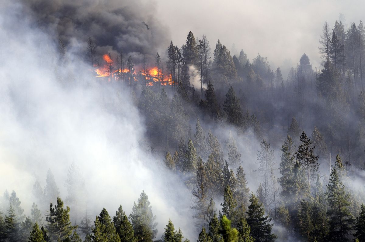 As winds gust at 40 miles an hour, a mountainside home bursts into flame Thursday in the Dishman-Mica area.  (Jesse Tinsley / The Spokesman-Review)