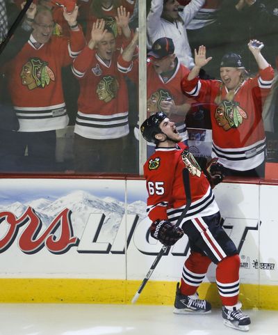 Andrew Shaw’s first-period goal sent Chicago on its way to a 2-0 series lead over L.A. (Associated Press)