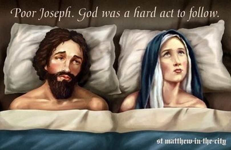 A handout picture released by the St Matthew-in-the-City Anglican church in Auckland shows an apparently naked Virgin Mary and Joseph in bed together. The billboard has sparked the ire of conservative Christians in New Zealand.
(AFP/HO/St Matthew-In-The-City)