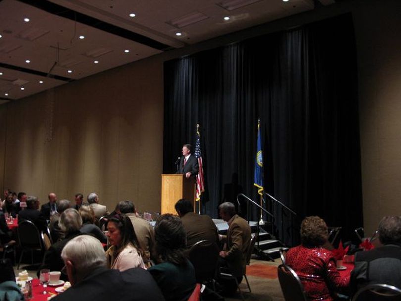 Lt. Gov. Brad Little addresses the Associated Taxpayers of Idaho conference in Boise on Wednesday (Betsy Russell)