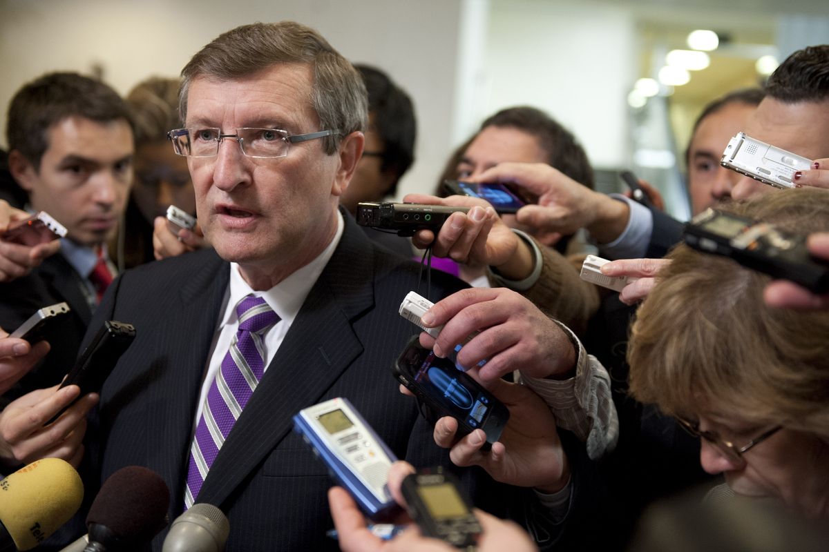 Senate Intelligence Committee member Sen. Kent Conrad, D-N.D., speaks with reporters on Capitol Hill in Washington, Friday, Nov. 16, 2012, following the committee