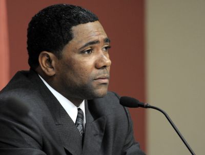 Miguel Tejada speaks at a news conference in Houston after pleaded guilty in federal court in Washington to misleading Congress.  (Associated Press / The Spokesman-Review)