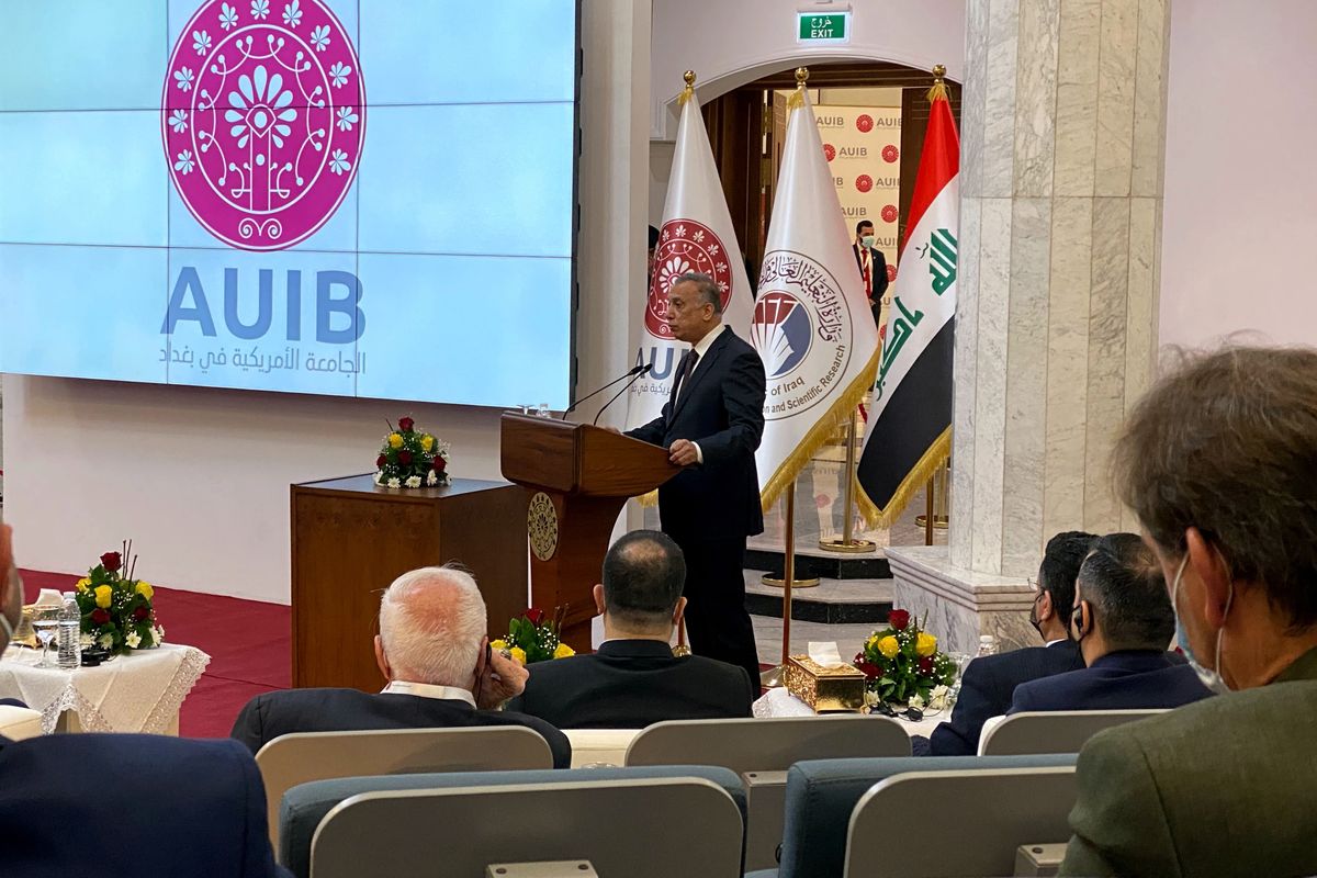 Iraqi Prime Minister Mustafa al-Kadhimi speaks during the opening ceremony of the American University in Baghdad, Iraq, Sunday, Feb. 14, 2021.  (Hadi Mizban)