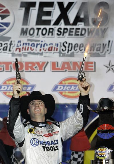 Jimmie Johnson, celebrating his victory in 2007, is aiming for another win at Texas Motor Speedway. (Associated Press)
