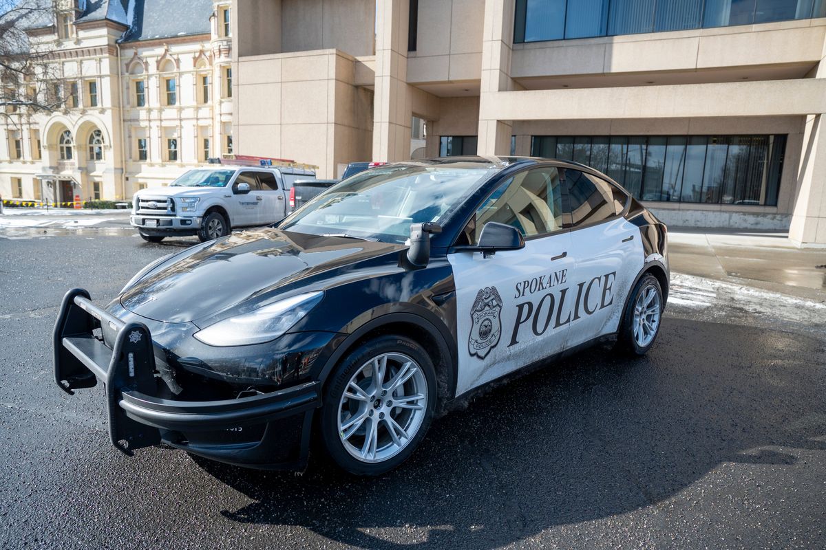 A Tesla sedan used by the Spokane Police Department.  (Jesse Tinsley/The Spokesman-Review)