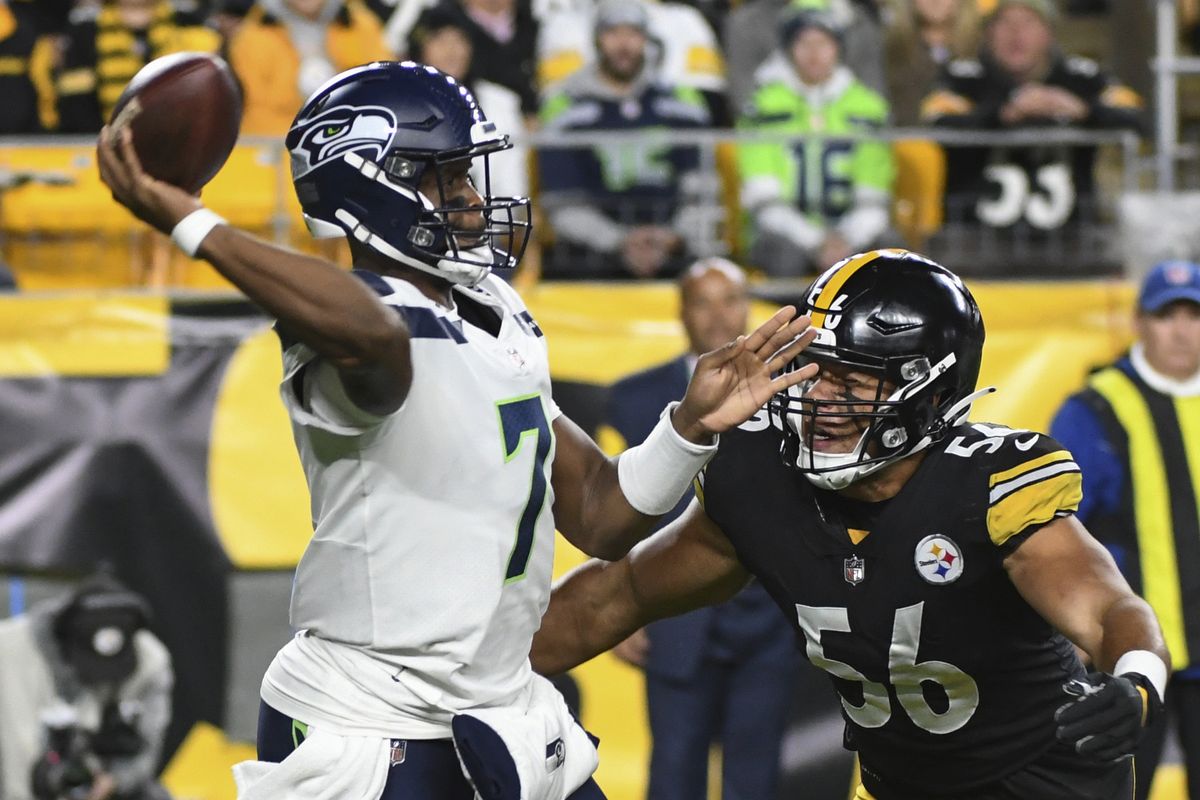 Pittsburgh Steelers outside linebacker Alex Highsmith (56) pressures Seattle Seahawks quarterback Geno Smith (7) in the first half of an NFL football game, Sunday, Oct. 17, 2021, in Pittsburgh. (Fred Vuich)