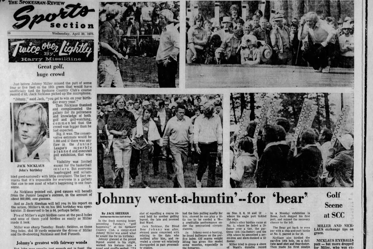 Two golf superstars, Jack Nicklaus and Johnny Miller, took part in a charity benefit match at the Spokane Country Club, The Spokesman-Review reported on April 30, 1975. (Spokesman-Review archives)