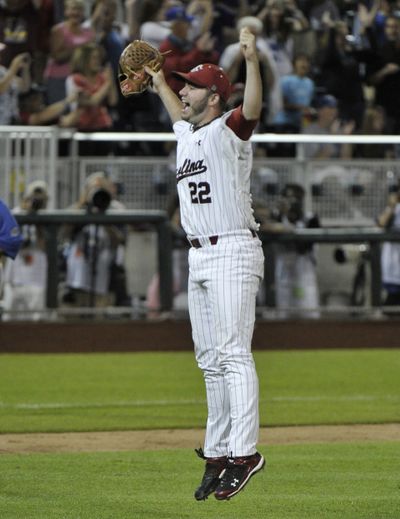 Closer Matt Price leaps after Gamecocks polish off Florida. (Associated Press)