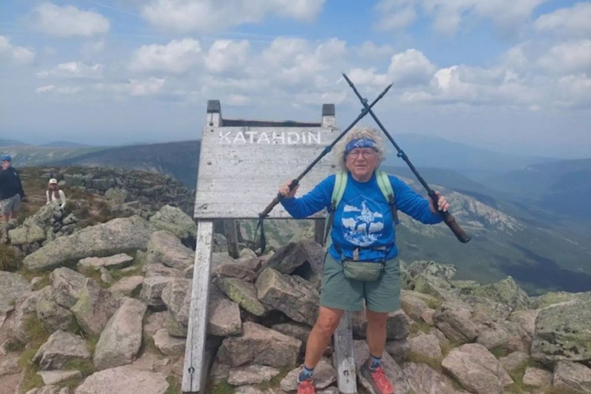 Betty Kellenberger, 80, at the top of Mount Katahdin in Maine. On Sept. 12, Kellenberger became the oldest woman to thru-hike the Appalachian Trail. (Courtesy of Betty Kellenberger)