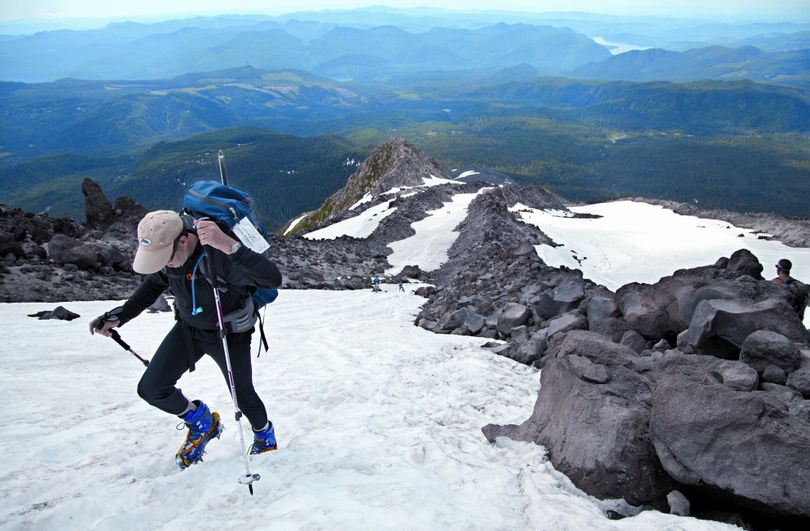 A climber slogs up Monitor Ridge on Mount St. Helens. (Bill Wagner)