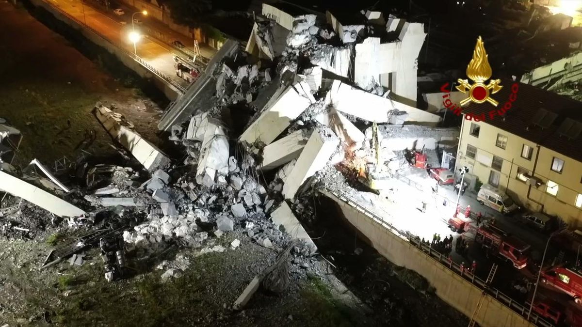In this frame taken from a video released by the Italian firefighters, rescue teams work among the rubble of the collapsed Morandi highway bridge in Genoa, northern Italy, Wednesday, Aug. 15, 2018. A bridge on a main highway linking Italy with France collapsed in the Italian port city of Genoa during a sudden, violent storm, sending vehicles plunging 90 meters (nearly 300 feet) into a heap of rubble below. (Associated Press)