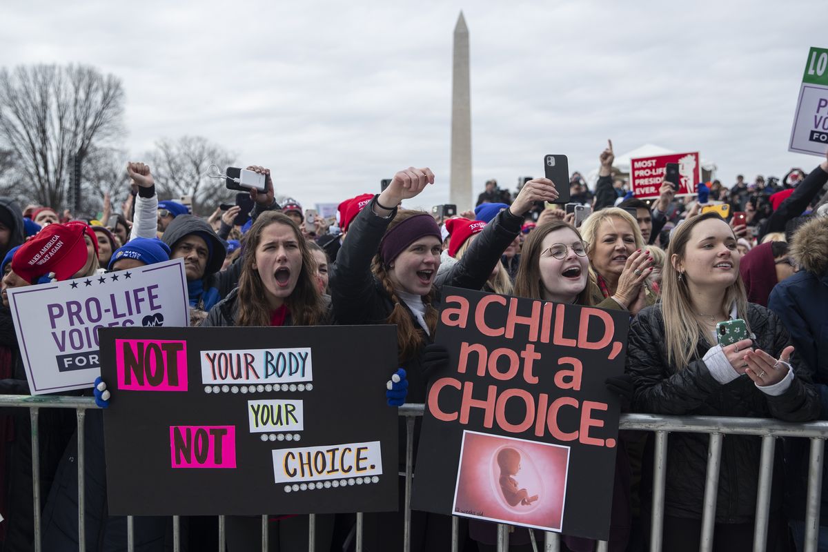 In this Jan. 24, 2020 photo, supporters cheer as President Donald Trump speaks during the annual "March for Life" rally on the National Mall, in Washington. Anti-abortion leaders across America were elated a year ago when Donald Trump became the first sitting U.S. president to appear in person at their highest-profile annual event, the March for Life held every January. The mood is more sober now — a mix of disappointment over Trump’s defeat and hope that his legacy of judicial appointments will lead to future court victories limiting abortion rights.  (Evan Vucci)