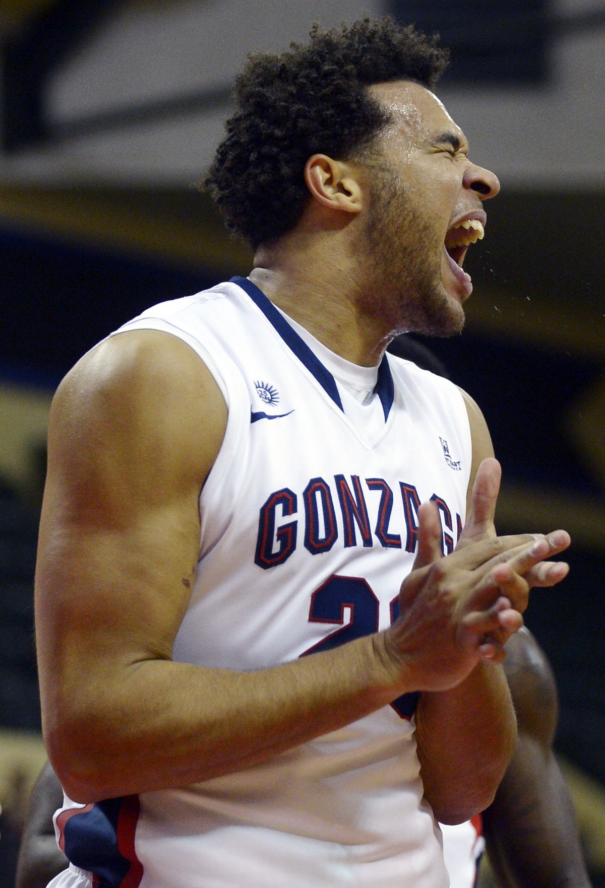 Gonzaga forward Elias Harris reacts after being fouled while going up for a shot. (Associated Press)