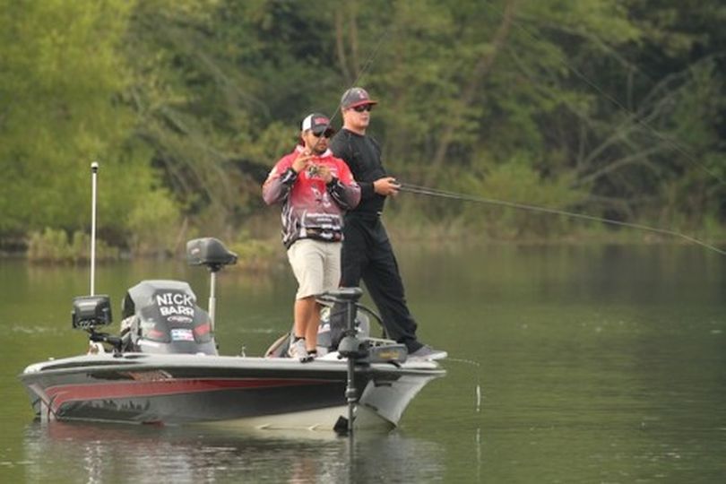 Nick Barr and Jarred Walker of Eastern Washington University fish Day 2 of the 2013 Carhartt College Series National Championship at Lake Chatuge near Young Harris, Ga.  They finished fourth among 64 teams in the three-day event.

 (Shaye Baker / BASS)