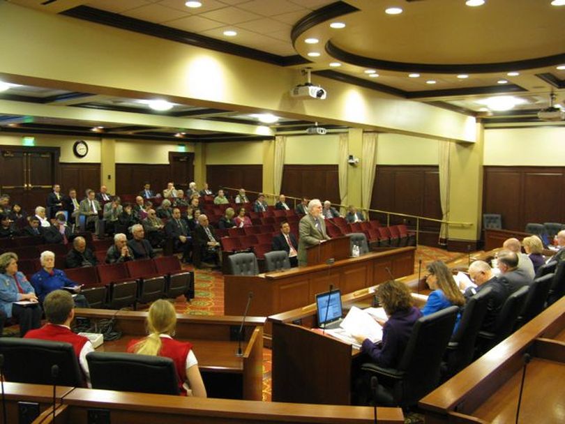 Sen. Mike Jorgenson, R-Hayden Lake, addresses the Senate State Affairs Committee to open a hearing on his controversial immigration bill, SB 1303, on Monday morning. The hearing was held in the Capitol's largest hearing room. (Betsy Russell)