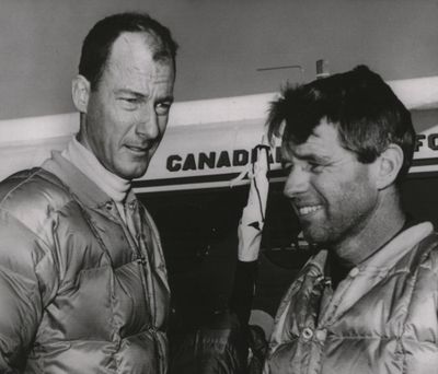 Sen. Robert Kennedy, D-New York, stands with Everest climber Jim Whittaker, left, of Seattle after they and other members of a National Geographic Society mountain climbing party returned from a base camp at Mt. Kennedy, 150 miles west of Whitehorse,Yukon Territory in 1965. Fifty years later, the men’s sons climbed the peak as well. A documentary about that effort, “Return to Mt. Kennedy,” will be screened at the Bing Crosby Theater on Feb. 16. (Associated Press)