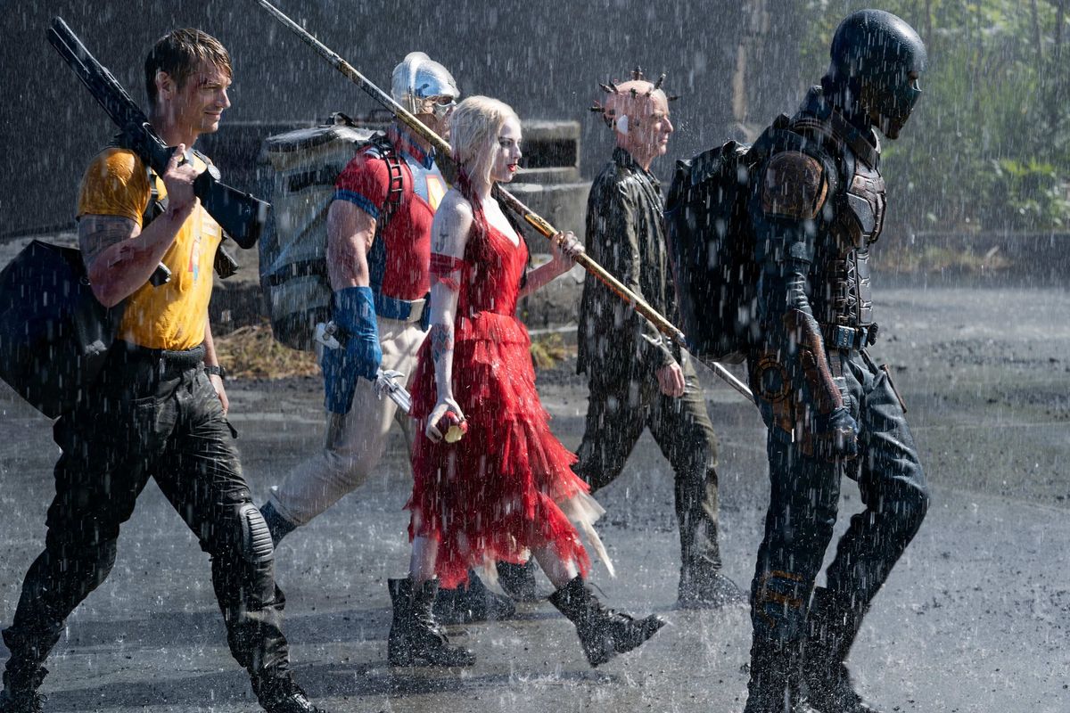 Joel Kinneman, John Cena, Margot Robbie, Sean Gunn and Idris Elba in James Gunn's "The Suicide Squad"  (Warner Bros. Pictures)