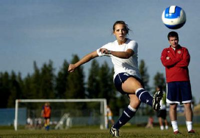 
Mead High School junior Jaimey Etten, a center midfielder, takes a shot at the goal during practice Tuesday.
 (Holly Pickett / The Spokesman-Review)
