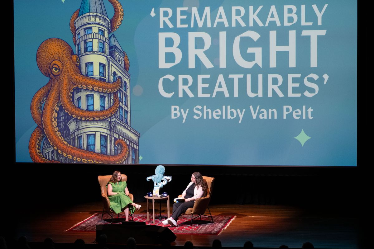 Author Shelby Van Pelt, on left, has a conversation with Spokesman-Review Managing Editor Lindsey Treffry about her new book “Remarkably Bright Creatures,” during a Northwest Passages event, Tuesday, May 12, 2026, at Gonzaga’s Myrtle Woldson Performing Arts Center.  (Colin Mulvany/The Spokesman-Review)