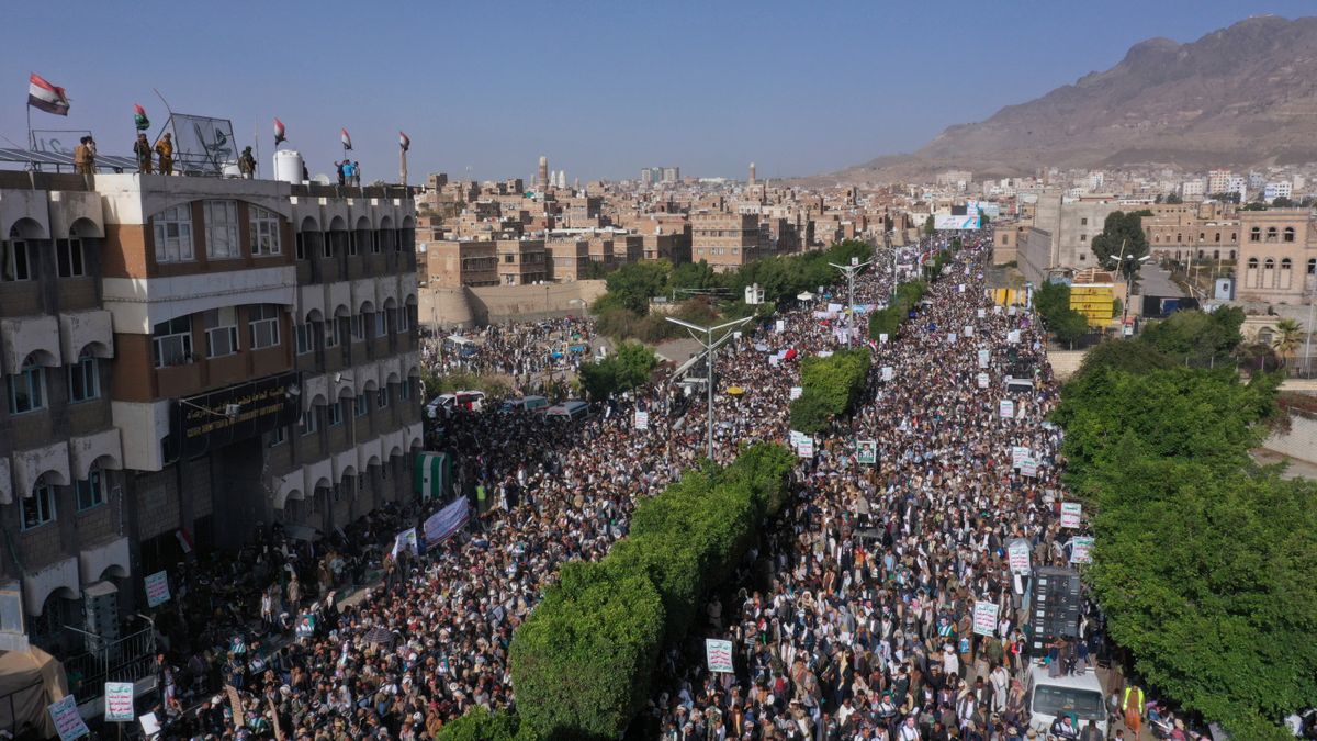 Houthi supporters attend a rally during the seventh anniversary of the Saudi-led coalition