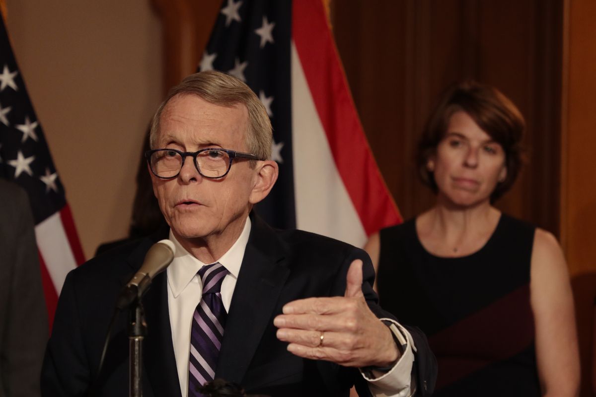 FILE - In this Oct. 1, 2019 file photo, Ohio Gov. Mike DeWine speaks during a press conference calling on the state legislature to ban flavored vaping liquids at the Ohio Statehouse in Columbus, Ohio. DeWine tests positive for coronavirus, Friday, Aug. 4, 2020, ahead of planned meeting with President Donald Trump. (Joshua A. Bickel)