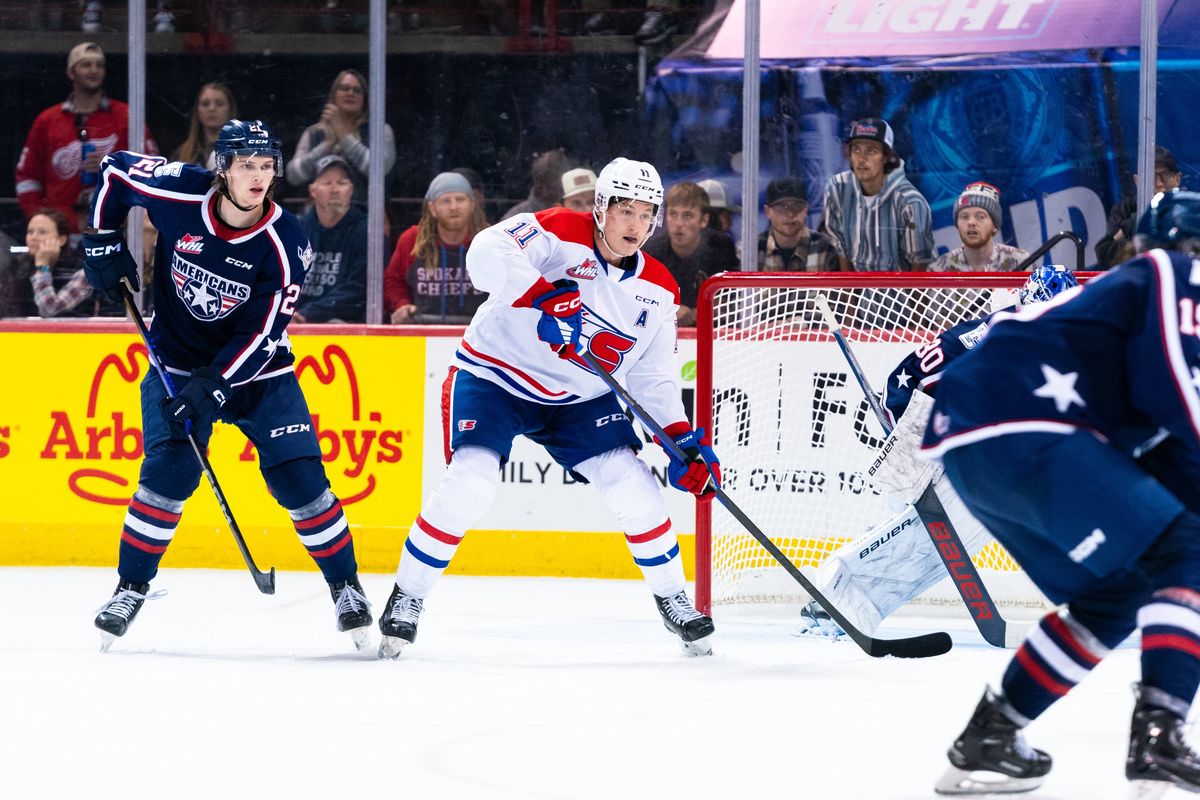 Spokane Chiefs winger Ty Cheveldayoff crowds the crease against Tri-City Sept. 30 at the Arena.  (Larry Brunt/Spokane Chiefs)