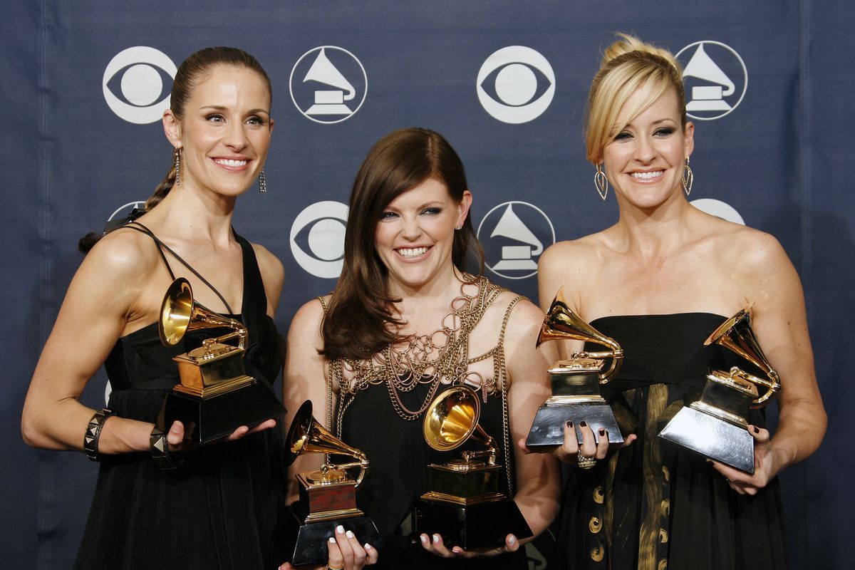 Emily Robison (now Strayer), Natalie Maines and Martie Maguire of the Dixie Chicks stand with their awards at the 2007 Grammys in Los Angeles. The group recently changed its name to the Chicks.  (Kevork Djansezian/Associated Press)