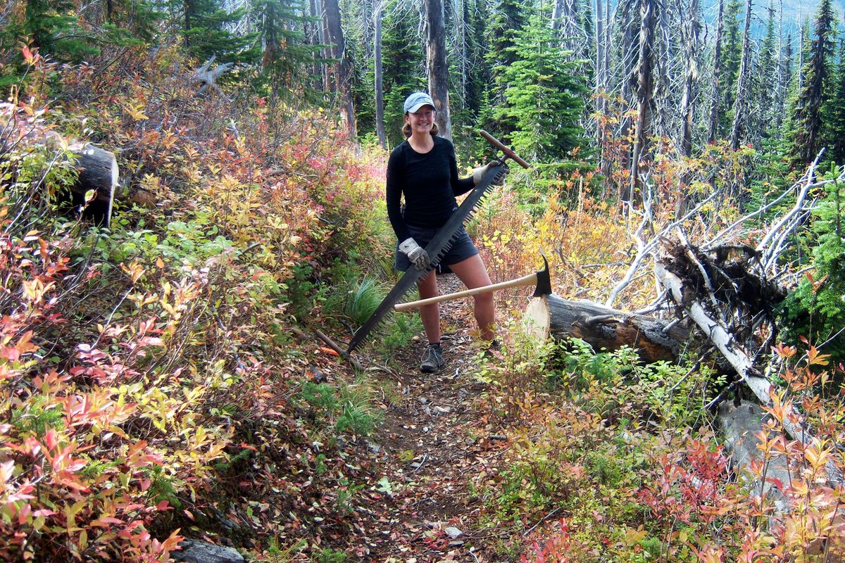 Holly Weiler of Spokane Valley owns six crosscut saws to service her passion for trail maintenance. (Leif Jakobsen / The Spokesman-Review)