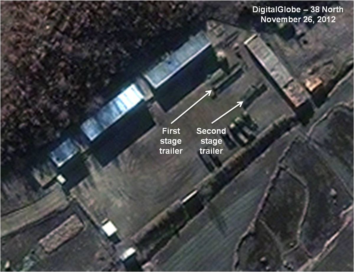 This Monday Nov. 26, 2012 satellite image provided by DigitalGlobe and annotated by the U.S.-Korea Institute at Johns Hopkins School of Advanced International Studies shows the Sohae Satellite Launch Station in Cholsan County, North Pyongan Province, North Korea. According to analysis by SAIS, North Korea has moved two sections of a long-range rocket at the site in preparation for a launch that would alarm both its adversaries and lone ally China. SAIS says recent activity at the Sohae site suggests it could be ready to blast-off a three-stage rocket by the end of the first week in December. (Digitalglobe Via Sais)