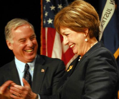 
Democratic chairman Howard Dean introduces Louisiana Governor Kathleen Blanco during a meeting of the Democratic National Committee in New Orleans on Saturday. 
 (Associated Press / The Spokesman-Review)