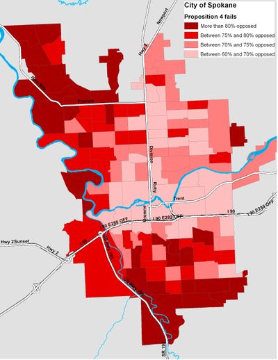 Vote breakdown for Spokane City Proposition 4, as of 11-13-2009.