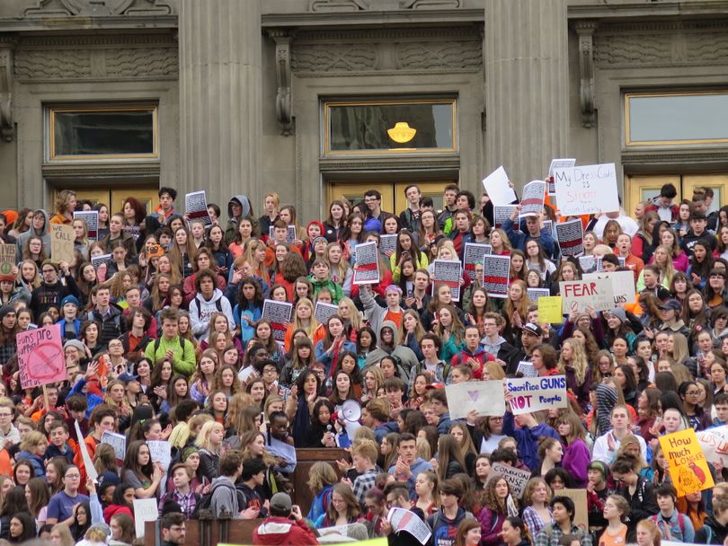Close to 2,000 people - most of the high school or junior high students - rallied at the Idaho Capitol against gun violence on Wednesday, March 14, 2018. (The Spokesman-Review / Betsy Z. Russell)