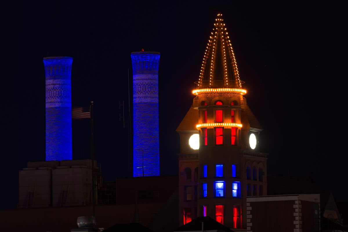 The Spokesman-Review tower is seen lit in Gonzaga livery against the Spokane skyline on Sunday, April 2, 2017, in Spokane, Wash. 
Tyler Tjomsland/THE SPOKESMAN-REVIEW (Tyler Tjomsland / Spokesman Review)