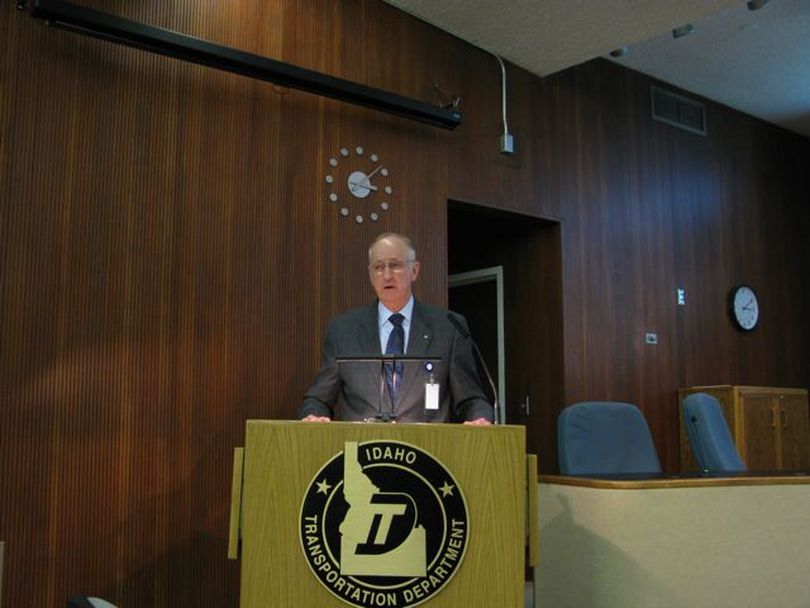 Idaho Transportation Board Chairman Darrell Manning reads a brief statement and answers questions from reporters after the board voted unanimously Thursday to fire state Transportation Director Pam Lowe. (Betsy Russell / The Spokesman-Review)