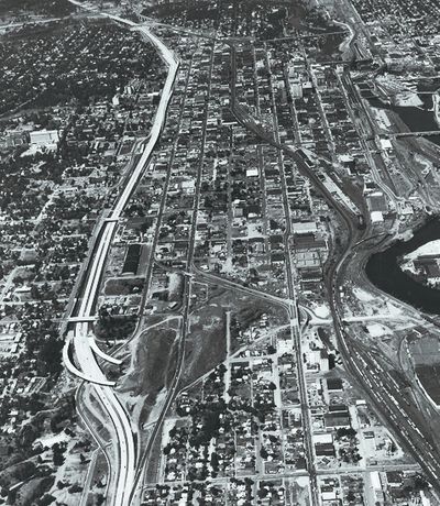 This 1971 photo shows construction of I-90/Hamilton interchange, which at the time was labeled on plans as the “North-South” freeway.  (PHOTO ARCHIVE)